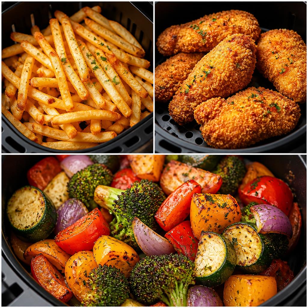 Mosaico con tres recetas de freidora de aire: papas fritas, pollo crocante y vegetales asados