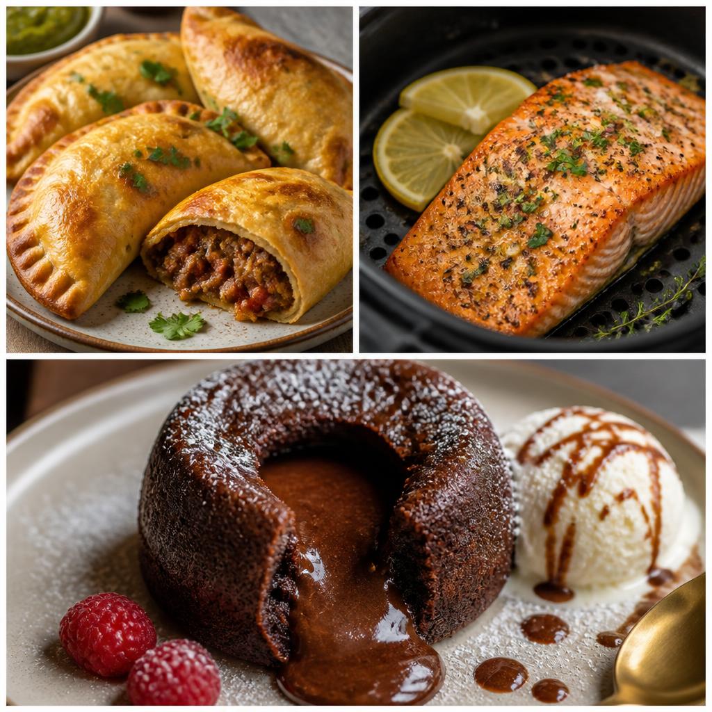 Mosaico con tres recetas de freidora de aire: empanadas, salmón y postre de chocolate